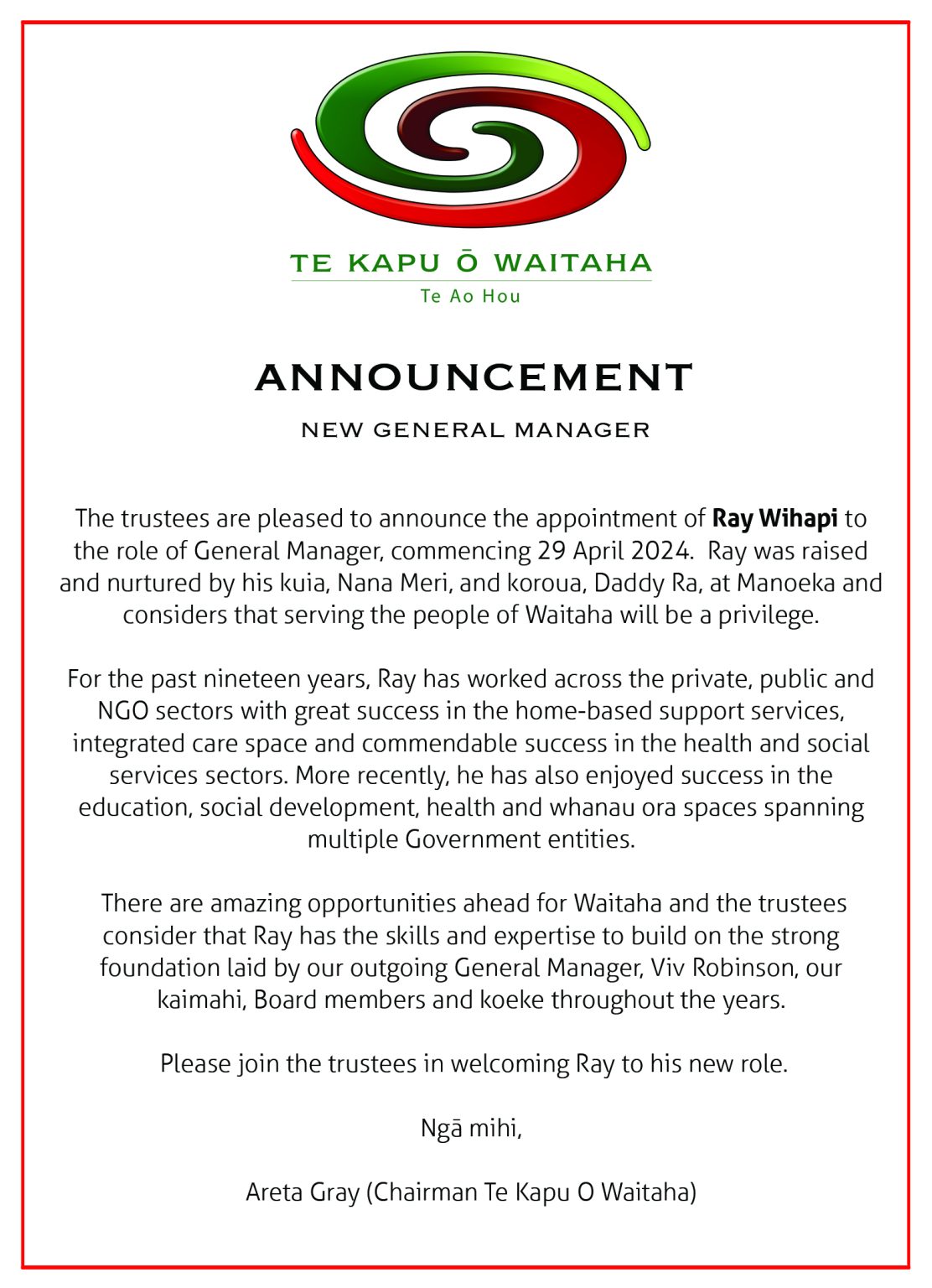 BOARD ANNOUNCEMENT – Waitaha